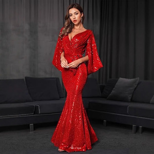 Vestido de noche formal rojo con lentejuelas, corte sirena, cintura natural, cuello en V, manga larga y abertura hasta el suelo - Product Image 3