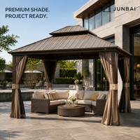 Gazebo à toit rigide incliné 12x12 pieds pour terrasse et patio, avec rideaux et moustiquaire, et support pour plans de projet