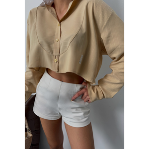 Haut court formel pour femme avec motif à carreaux beige, logo brodé, décoration en dentelle, col asymétrique blanc - Taille XL - Product Image 3