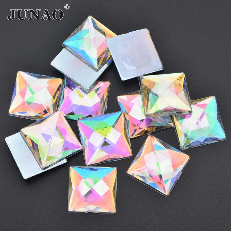 JUNAO buen precio 20mm cristal AB piedra joyería fabricación cuentas cuadradas de diamantes de imitación acrílico cuadrado diamantes de imitación parte posterior plana para DIY