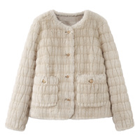 Veste courte en fausse fourrure pour femme, col rond, texture rayée, boutons sur le devant, avec poches plaquées 2610-33b