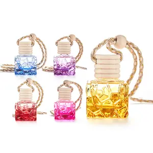 Pattern Deign Square Shape Car Perfume Bottle 10ml Gradient Colored Glass Bottle With Hanging Knot Cord