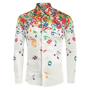 Novelty Blouse新Fashion Men Casual Musical Note Pattern Casual Long Sleeves Artistic Shirt Top