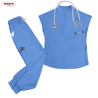 Uniformes Médicos Transpirables Elásticos ODM para Mujer y Hombre, Uniforme de Hospital Azul Cielo, Conjunto de 2 Piezas con Cordón Ajustable