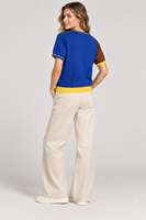 Pull en tricot color block pour femme, à manches courtes et col rond, T-shirts en tricot, Fabricant en gros de vêtements en tricot sur mesure