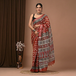 Designer Linen Cotton Saree <b>Block</b> Printed Saree Comfortable Casual & Festive Wear Wholesale Linen Cotton Hand <b>Block</b> <b>Print</b> Saree - Product Image 1