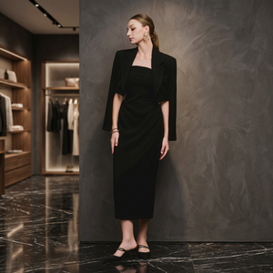 Robe midi décontractée noire pour femme, manches courtes, col rond ample, en satin uni respirant, élégante pour l'été, usage quotidien ou cocktail, 100 % coton - Product Image 3