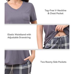 Conjunto de pijama de viscosa de bambú para mujer BambooBud, suave, de manga corta, con cuello en V y pantalones, ropa de dormir con bolsillos, ropa de estar por casa, tallas S-XXL - Product Image 5