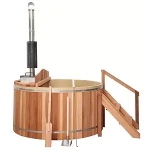 Pine Red Cedar Wooden Wood Fired Hot Tub Outdoor Barrel Hot Tub With External Burning Stove