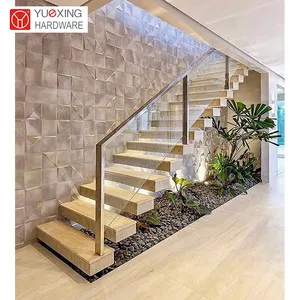 Escada flutuante de vidro moderno, escada de alta qualidade interior de madeira piso de madeira