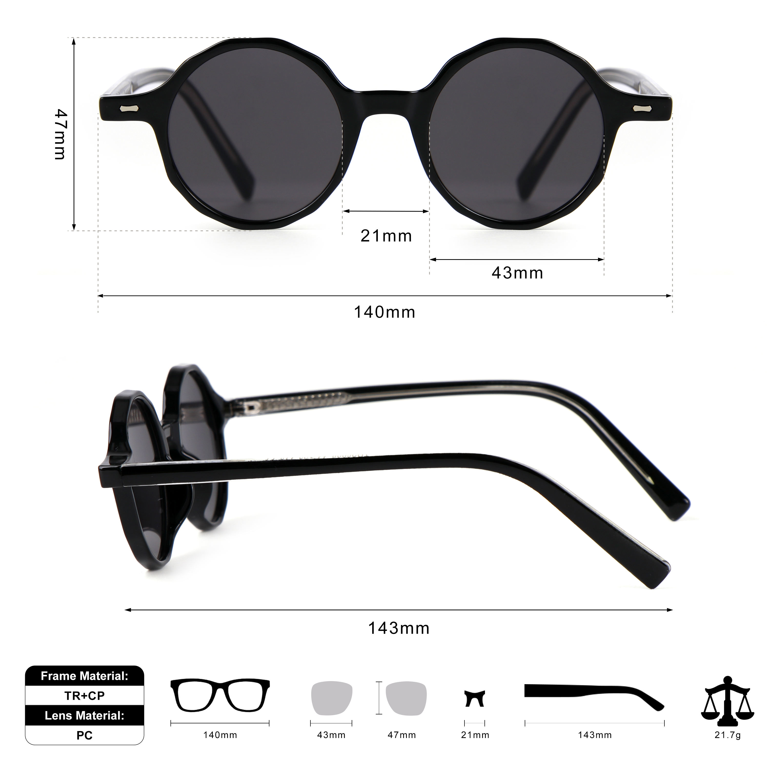 Custom Shades Sun Glasses Round Frame TR90 Frame with CP Temple Unisex High Quality Round Fashion Sunglasses for Men Women
