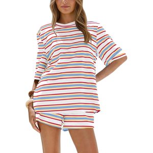 Striped 2 Piece Lounge <b>Set</b> For Women Summer Matching Short Sleeve T Shirt Elastic Waist Shorts Loose <b>Pajamas</b> <b>Set</b> - Product Image 1