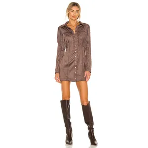 Women's vintage dress long sleeve button up faux suede fringe short dress