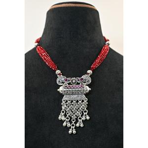 Manish Jewellers Ethnic 925 <b>Silver</b> Natural Stone Beaded Necklace Oxidised Jantar Inlay Claw Setting Pendant Customized Women's - Product Image 1