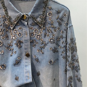 Camicia Vestito in Denim da <span class=keywords><strong>Donna</strong></span> con Paillettes Audaci e Perline a Forma di Diamante, Bottoni, Vestibilità Ampia, Stile Vintage Casual, Lunga, per la Primavera - Product Image 4