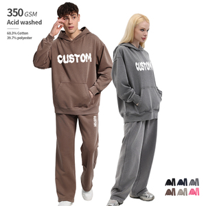 Ensemble de sweats à capuche unisexe Streetwear 350 GSM délavé à l'acide, effet vieilli, épais, hiver, homme femme, impression personnalisée OEM, manches longues - Product Image 1