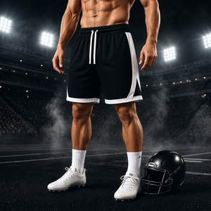 2026 Premium Football Shorts Men <b>Black</b> White Side Stripe Mid Drawstring Quick Dry Sporty Sublimation Print 100% Polyester 120g - Product Image 1