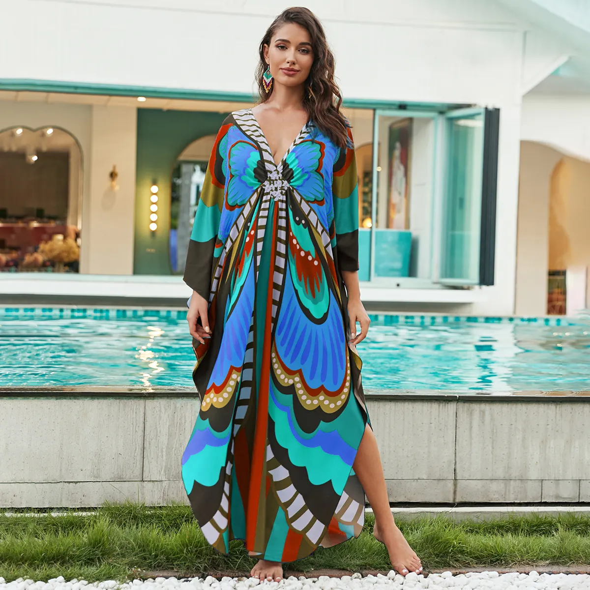 Sudáfrica Kimonos señoras Boho largo 100% rayón señoras vestido tamaño libre mariposa Kaftan