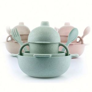 Ensemble de vaisselle en paille de blé avec tasse à bec verseur et poignée, vaisselle biodégradable pour enfants et couverts - Product Image 1
