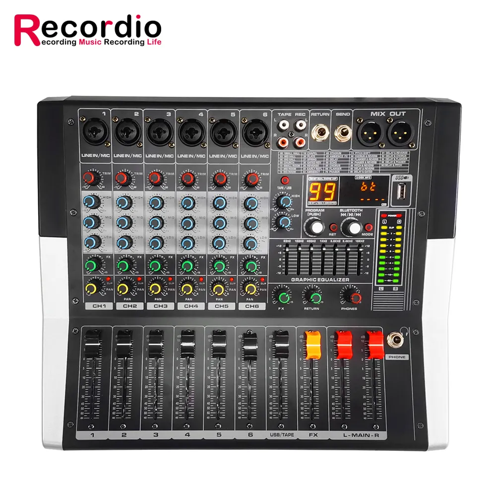 Mezclador de Audio profesional de 6 canales, potente mezclador de Audio de ecualizador de 7 bandas con interruptor USB para Karaoke, escenario, KTV, GAX-ED6