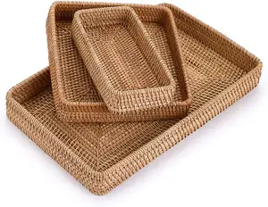 Büyük Rattan servis tepsisi Handwoven rattan sepet organizatör tepsi seti 3 depolama tabağı tepsi organizatör