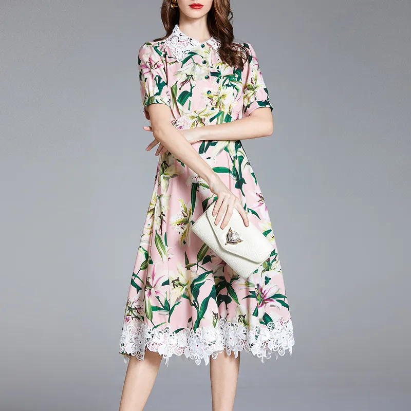 Váy Dài In Họa Tiết Hoa Huệ Lớn Thanh Lịch Tươi Tắn Ren Tan Trong Nước Thêu Tinh Tế Mới 2021