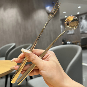304 Stainless Steel Spoon And Fork Set Long Handle Reusable Dessert Utensils For Coffee Tea Fruit Serving - Product Image 2
