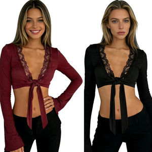 Blusa Casual de Color Sólido Personalizable, con Cordones, Corte Ajustado, Manga Larga, Tejido Transpirable, Top Corto para Fiesta o Club - Product Image 1