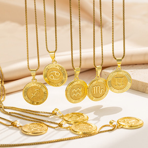 Nouvel arrivage 12 <span class=keywords><strong>Horoscope</strong></span> Constellation Pendentif Collier Personnalisé Acier Inoxydable Médaille Ronde Zodiaque Collier pour Femmes Hommes - Product Image 1