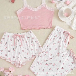 Nuovo Completo <span class=keywords><strong>Pigiama</strong></span> Floreale Sexy da <span class=keywords><strong>Donna</strong></span>, Estivo Sottile con Pantaloni, Abbigliamento da Casa Carino, Set Tre Pezzi Trendy 100% Poliestere con Scollo a V - Product Image 3