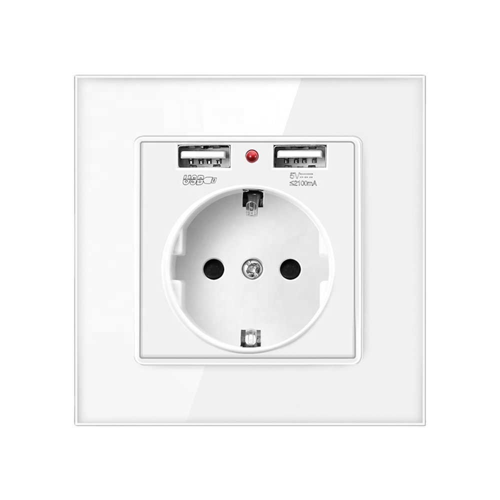 SRAN luxury recessed wall socket usb 5V 2A,colorful Tempered glass panel 86mm*86mm dual usb controlled power socket 16A 250V