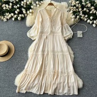 Robe longue pour femme, style bohème ethnique, col en V, broderie ajourée à pampilles