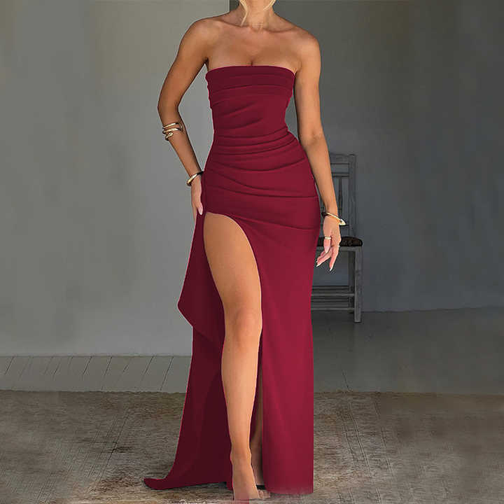Summer Fashion Strapless FCJ Split Long Dress for Women Pleated Bridesmaid Floor-Length Dress Applique for Weddings Parties