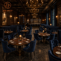 Ensemble de meubles de restaurant sur mesure Ron Group, chaise en velours confortable, banquette rembourrée en forme de L, table carrée en bois