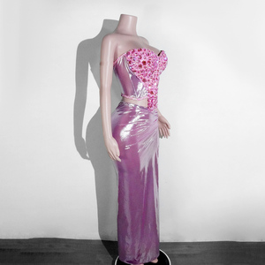 Conjunto de 2 Piezas de Alta Calidad para <span class=keywords><strong>Drag</strong></span> <span class=keywords><strong>Queen</strong></span>: Top Corsé Rosa sin Tirantes con Pedrería y Falda Metálica con Abertura Alta, Ideal para Baile de Salón y Escenario, Personalizable - Product Image 5