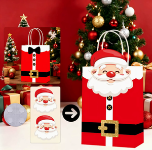 Sac cadeau en papier kraft de Noël avec impression costume de Père Noël pour les cadeaux de fêtes et de réveillon de Noël avec lien. - Product Image 6