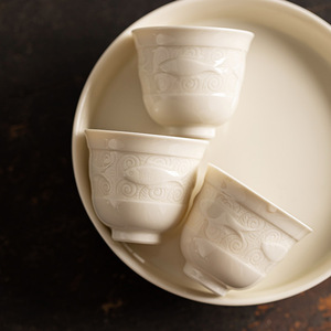Guanlan Chinese Style Ding Kiln White Ceramic <b>Teacup</b> Fish And Algae Relief Round Porcelain Tea Cup For Home Use Afternoon Tea - Product Image 4