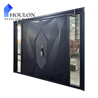 Porte d'entrée moderne et élégante de luxe avec motif géométrique 3D, panneaux latéraux en verre dépoli et poignée centrale intelligente