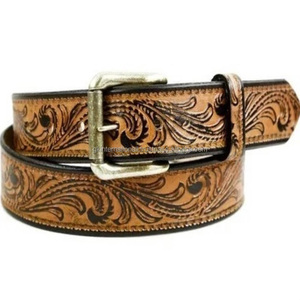 Ceinture en cuir pleine fleur de style vintage, sculptée à la main, avec motifs floraux en relief, pour hommes et femmes - Product Image 1