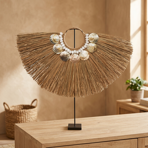 Éventail en rotin fait main écologique avec accents coquillages – Décoration de table moderne pour la maison, pièce d'art intérieure pour salon, Ramadan, mariage - Product Image 3