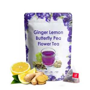 Private label organic butterfly pea flower tea bags ginger lemon fresh flavor blue flower tea immunity booster caffine free