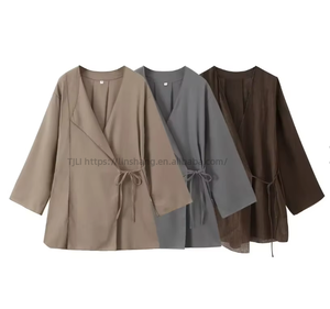 Ensemble décontracté 2 pièces pour femme : Kimono en toile de lin uni à croisement frontal et pantalon – Tendance - Product Image 3