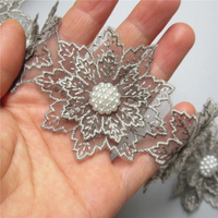 Ruban de dentelle brodé en tissu, motif feuille et fleur, double couche, perles dorées, 10x6cm, pour couture de robes de mariée et patchwork