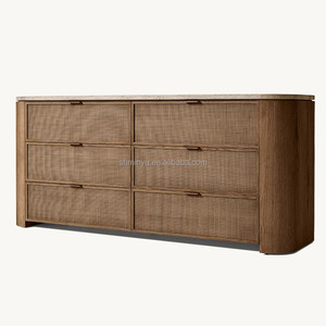MYHOME 2025 <span class=keywords><strong>Commode</strong></span> de luxe à 6 tiroirs en chêne massif, plateau en travertin moderne, panneaux en rotin tressé, mobilier de chambre - Product Image 2