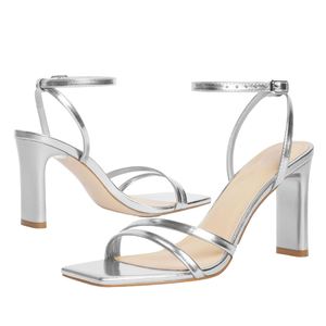 Sandales à talons ouverts dorées pour femme, en PU, à enfiler, avec bride cheville, 9 cm, pour l'été/le printemps - Product Image 1