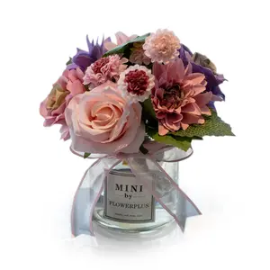O-X398 atacado o conjunto de vasos de flores de vidro, com rosa flor mesa mesas seda flores artificiais com vaso de vidro