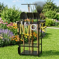 Robuster, zweistöckiger, 48-Zoll großer, moderner Garten- und Garagenwerkzeugständer aus Eisen mit 4 Haken, freistehender Gartenlager-Organizer