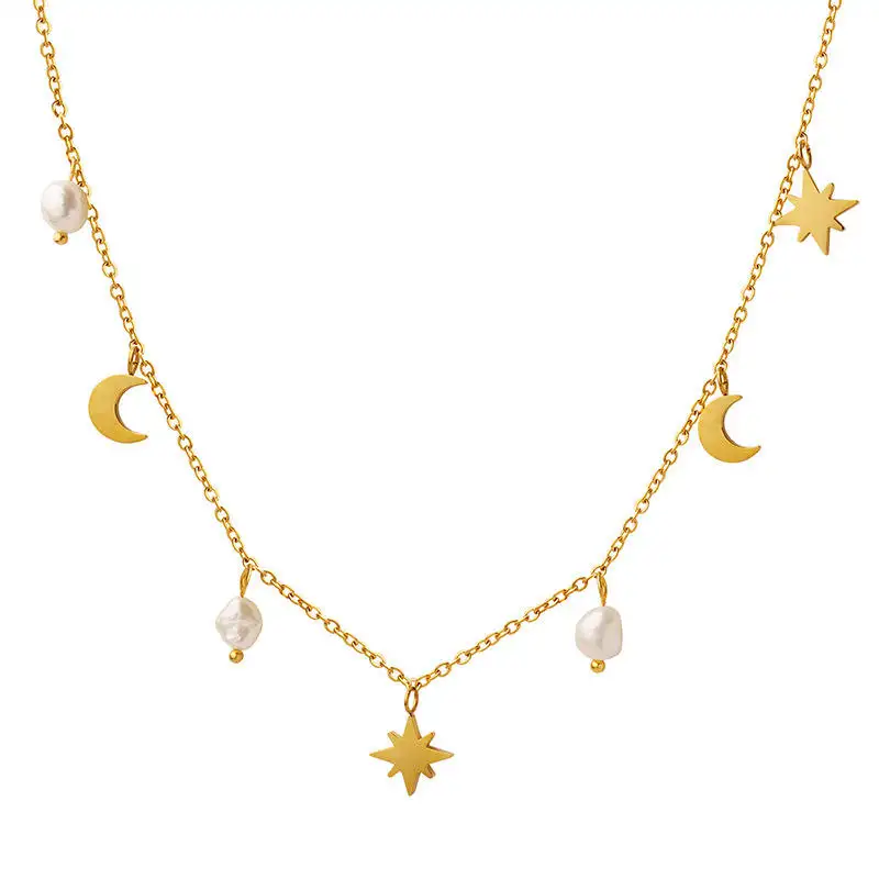 Nuova collana di perle di moda oro placcato oro 18k in acciaio inox collana di perle d'acqua dolce Non appannato luna collana