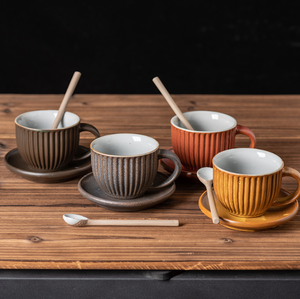 Ensemble tasse à café et <span class=keywords><strong>soucoupe</strong></span> en céramique vintage simple avec cuillère, mug rayé créatif pour latte, expresso et thé de l'après-midi - Product Image 1