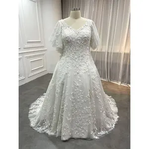 Commercio all'ingrosso di perline scintillanti 3D fiore pizzo avorio abiti da sposa principessa personalizzato Plus Size scollo a V abiti di paillettes Vestidos De Novia